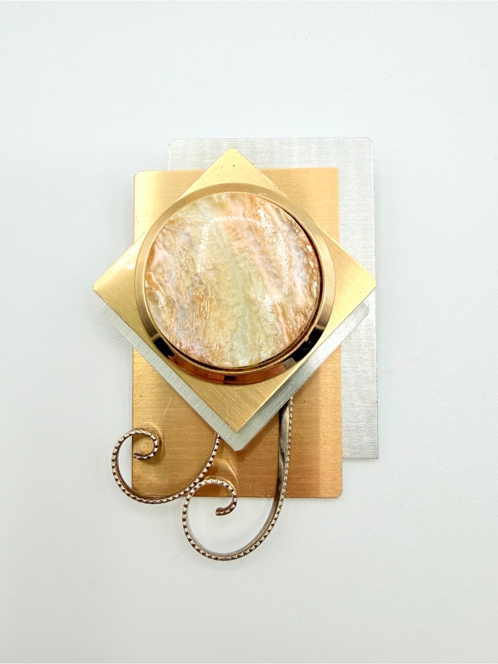 Vintage Geometric Mother of Pearl Look Brooch Gold & Silver Tone Statement Pin